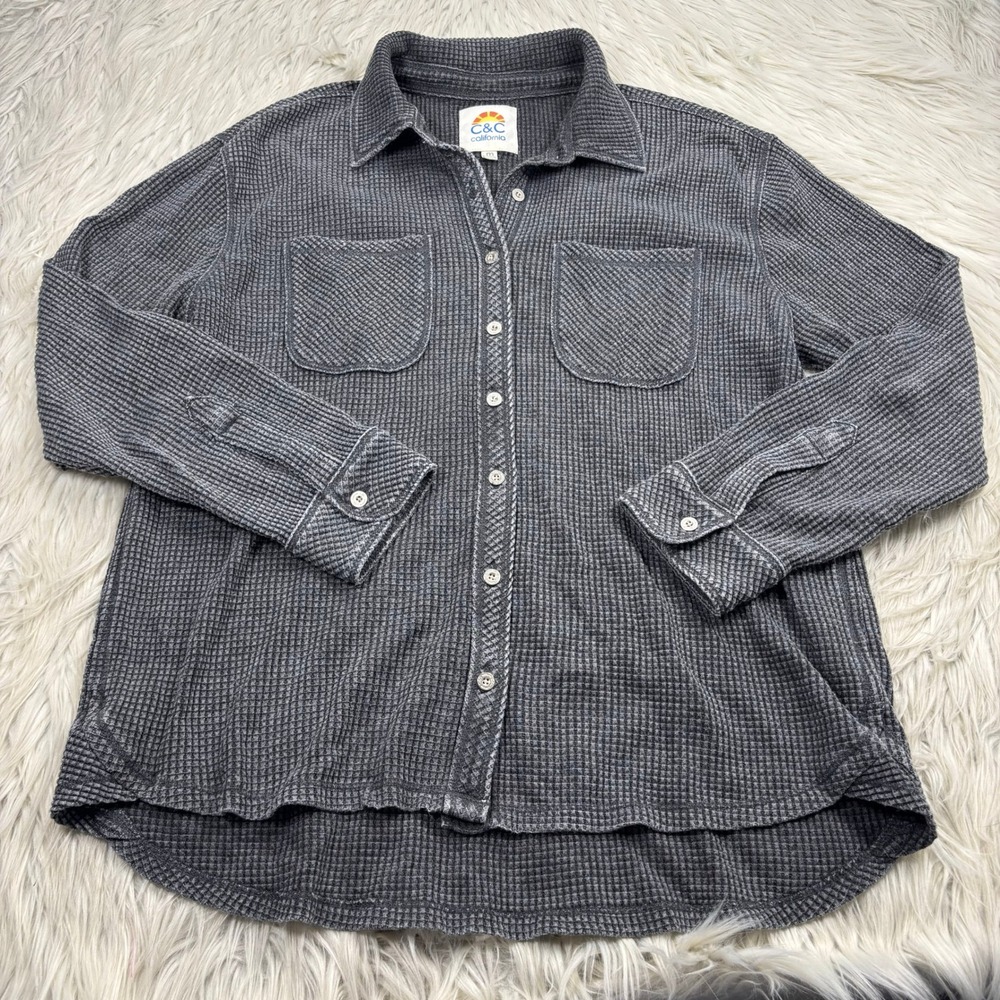 C&C California Women's M Gray Waffle Knit Button Front Shirt Normcore Cozycore